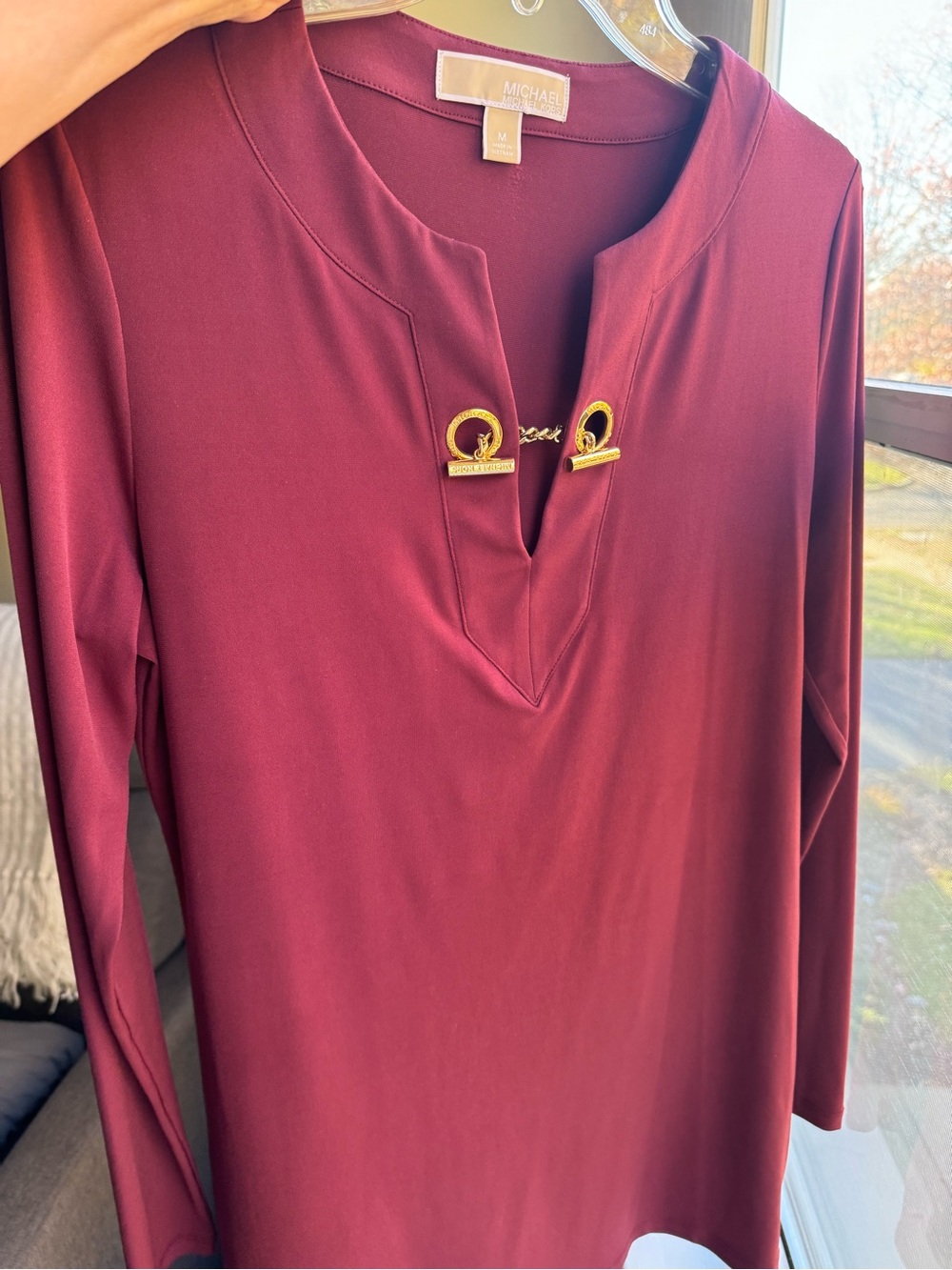 MICHAEL Michael Kors Wine Red Long Sleeve Tunic with Gold Chain Detail